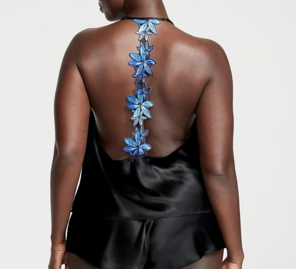 Victorias Secret Ziggy Glam Cami Satin Size Medium Black Floral Embroidery